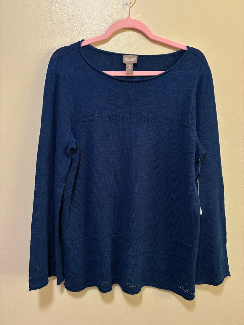 Chico's Navy Boat neck long sleeve pullover top rolled hem size 2/large nwt